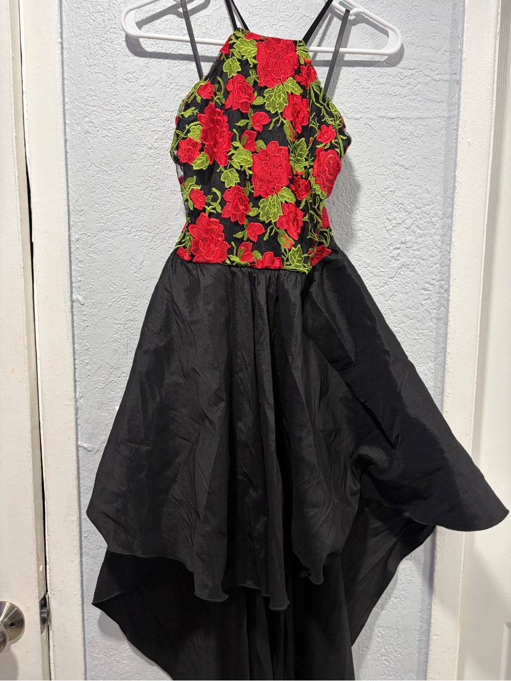 bebe Black High-Low Dress with Red Rose Embroidered Bodice - Picture 3 of 10